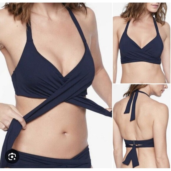 Athleta Bra Cup Wrap Halter Bikini Top 32 B/C  & Bottom Small Navy Blue Swim - Picture 1 of 7